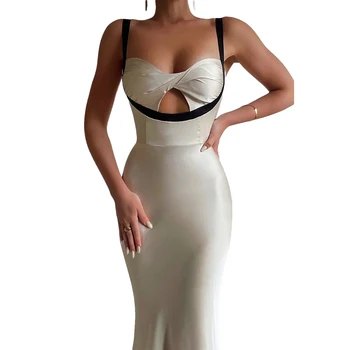 2022, модное сексуальное элегантное платье-комбинация в стиле пэчворк, женское платье-комбинация без рукавов с V-образным вырезом, облегающее платье Макси для клубной вечеринки 2