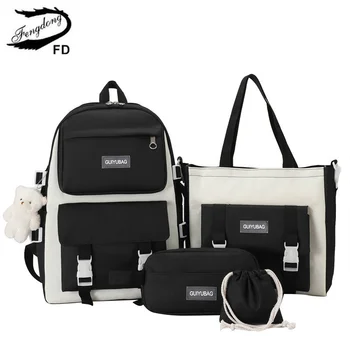 5 шт./компл. студенческая школьная сумка, черный, белый цвет, модный школьный рюкзак для девочек-подростков, сумка через плечо, сумка-карандаш, набор