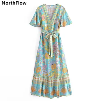 Northflow 2022 Женское платье в стиле Инди-Фолк С V-образным вырезом и Цветочным принтом, С поясом Длиной до щиколоток, Вечернее платье De Fiesta, Vestidos Robe Femme