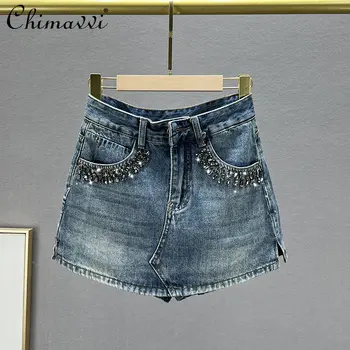 Женская джинсовая юбка с бриллиантами, короткие брюки-кюлоты, новинка 2023 года, летняя уличная одежда с высокой талией, приталенный крой, европейские товары, потертые юбки 0