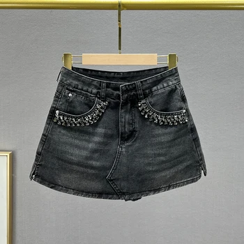 Женская джинсовая юбка с бриллиантами, короткие брюки-кюлоты, новинка 2023 года, летняя уличная одежда с высокой талией, приталенный крой, европейские товары, потертые юбки 1