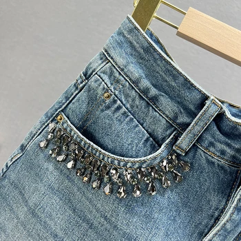 Женская джинсовая юбка с бриллиантами, короткие брюки-кюлоты, новинка 2023 года, летняя уличная одежда с высокой талией, приталенный крой, европейские товары, потертые юбки 2