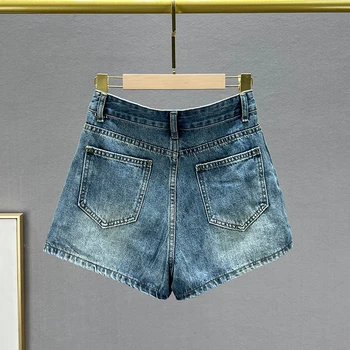 Женская джинсовая юбка с бриллиантами, короткие брюки-кюлоты, новинка 2023 года, летняя уличная одежда с высокой талией, приталенный крой, европейские товары, потертые юбки 3