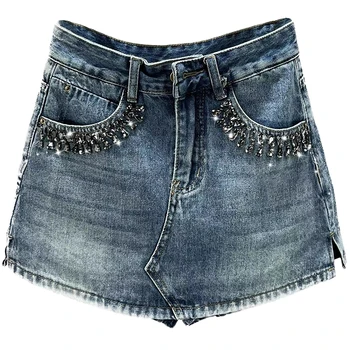 Женская джинсовая юбка с бриллиантами, короткие брюки-кюлоты, новинка 2023 года, летняя уличная одежда с высокой талией, приталенный крой, европейские товары, потертые юбки 4
