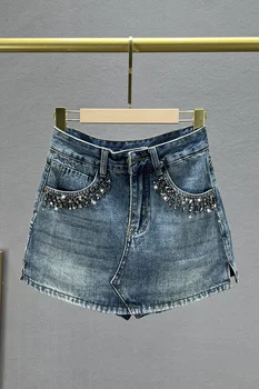Женская джинсовая юбка с бриллиантами, короткие брюки-кюлоты, новинка 2023 года, летняя уличная одежда с высокой талией, приталенный крой, европейские товары, потертые юбки 5
