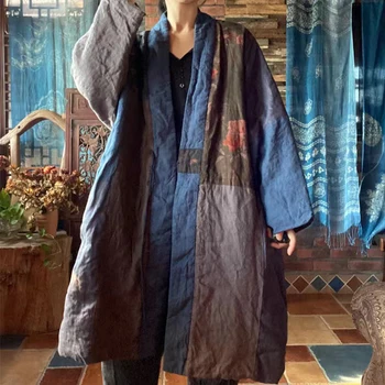 Женские длинные пальто Johnature в стиле пэчворк с винтажным принтом, женские длинные пальто в китайском стиле, весна 2023, новые свободные хлопковые пальто с поясом в стиле ретро с V-образным вырезом