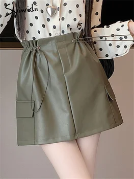Женские юбки Syiwidii из искусственной кожи, осень 2023, модные винтажные юбки-карго с высокой талией и завязками, повседневная однотонная мини-юбка