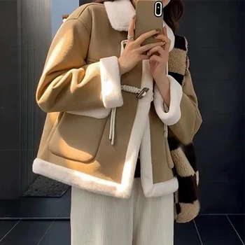 Женское Зимнее Теплое Меховое Флисовое пальто Куртка из шерсти ягненка с утолщенной роговой пуговицей 2023 Новый женский лацкан, женское пальто с большим карманом, верхняя одежда