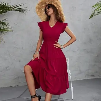 Женское Модное Повседневное платье, Винтажное Элегантное Красное платье Без рукавов С V-образным вырезом