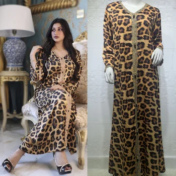 Ид Рамадан, модный принт, леопардовое кружевное вечернее платье для женщин, Jalabiya Dubai, арабская мусульманская одежда с V-образным вырезом и длинным рукавом, исламская одежда