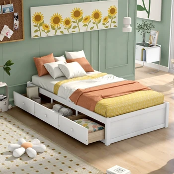 Кровать-платформа двойного размера с 3 выдвижными ящиками, белая