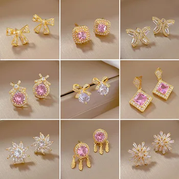 Роскошные серьги-гвоздики с бантом из драгоценных камней Для женщин, Изумрудно-розовые украшения для ушей с кристаллами, подарки на День Рождения