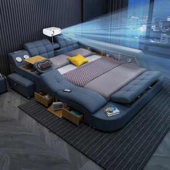 Технологичная умная кровать из натуральной кожи Многофункциональные кровати с обивкой Ultimate Massage Camas с подсветкой, Bluetooth, динамиком, проектором