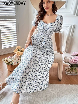 Элегантное длинное платье с цветочным рисунком, женское летнее повседневное пляжное платье с квадратным воротником и пышными рукавами, модная французская шнуровка, новинка в платьях