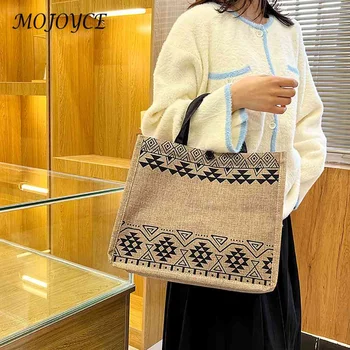 Этническая льняная сумка в стиле ретро, женская сумка через плечо большой емкости, пляжная сумочка