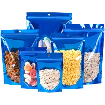 100шт Прозрачная пластиковая сумка из синей алюминиевой фольги с отверстием для подвешивания, застежка-молния, разрывная насечка, Doypack, Пакеты для упаковки пищевых продуктов