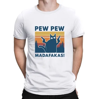 2022 Новая мужская футболка Pew Pew M-Madafakas, новинка, забавный кот, винтажный круглый вырез, мужская футболка