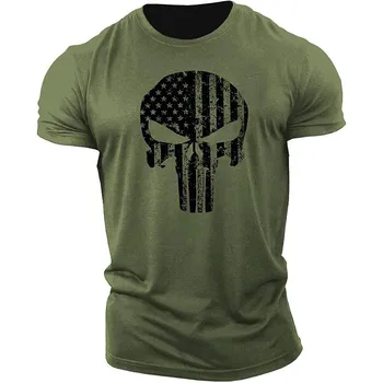 2023 Мужская хлопковая футболка с черепом, мужская повседневная спортивная футболка с коротким рукавом, Летний Новый крутой парень, Армейский зеленый топ
