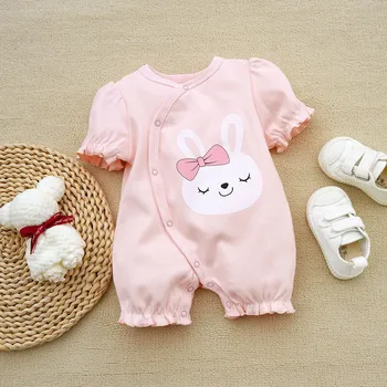3-18 м Летний комбинезон для маленьких девочек с милым рисунком кролика, розовые шорты, костюм для ползания, хлопковый комбинезон для новорожденных, подарок для младенцев