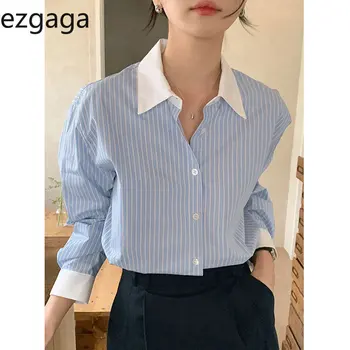 Ezgaga Офисные женские рубашки, Женские полосатые Шикарные Весенние Элегантные Свободные женские блузки с отложным воротником, Модные топы с длинными рукавами