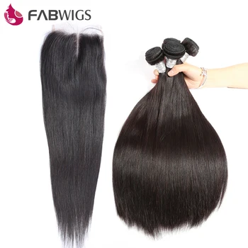 Fabwigs Бразильские прямые пучки волос с застежкой Пучки человеческих волос с кружевной застежкой 4X4 