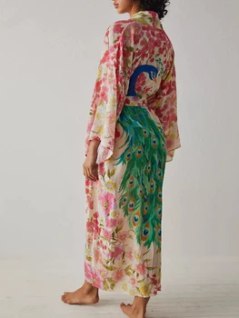 Flordevida, женское кимоно с цветочным принтом в виде павлина, Пляжные богемные накидки с V-образным вырезом, Летние бикини в стиле бохо, женские бикини в стиле бохо