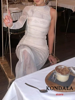 KONDALA Сексуальное облегающее плиссированное Длинное женское платье с галстуком-краской на одно плечо, вечернее платье, мода 2023, Элегантное женское платье с длинным рукавом, Vestidos