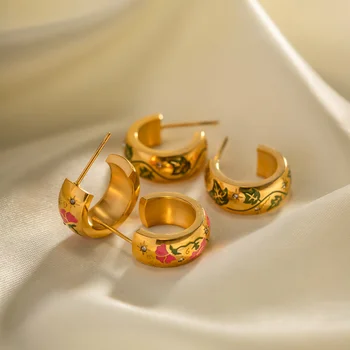 Minar Стильные серьги-кольца с эмалевыми листьями красно-зеленого цвета Для женщин и девочек из 18-каратного золота с PVD-покрытием из нержавеющей стали 316L