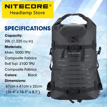 NITECORE WDB20 20L Открытый Водонепроницаемый рюкзак Женский мужской нейлоновый для рыбалки, путешествий, спорта, пеших прогулок, сухая сумка 500D TPU Черный