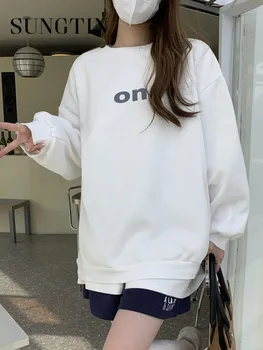 Sungtin, Корейская мода, толстовка с круглым вырезом и буквенным принтом, Женский Свободный бархатный утепленный пуловер, осенне-зимняя одежда 2023, женская одежда,
