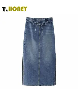 TELLHONEY Женская модная юбка с разрезом на боковой молнии, женская повседневная юбка трапециевидной формы с высокой талией и поясом, джинсовые миди-юбки
