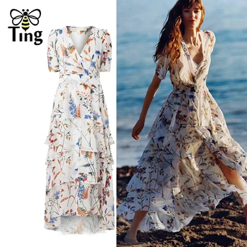 Tingfly, Французское модное дизайнерское Летнее шифоновое платье с многослойными оборками, сексуальное повседневное платье в стиле Бохо с разрезом и V-образным вырезом, Vestidos Trend ZA