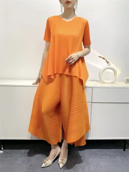YUDX Miyake Плиссированный Женский Модный Темпераментный костюм, Удобный Повседневный Летний Плиссированный Топ 2023 года + Свободные брюки Средней длины
