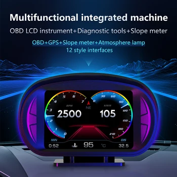 Автомобильный HUD, двухсистемный OBD2 GPS, головной дисплей автомобиля, Цифровой Спидометр с сигнализацией о превышении скорости, предупреждение о напряжении, предупреждение об усталости водителя