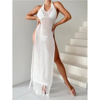 Белое вязаное платье с высоким разрезом на шее, Ажурное платье с кисточками по бокам, женские Летние Однотонные Пикантные Пляжные платья Макси 2023 года