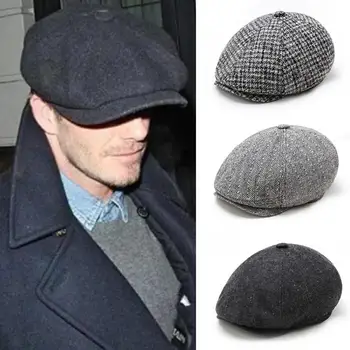 Британская остроконечная восьмиугольная шляпа, Твидовая модная теплая эластичная плоская кепка, Модный мужской шерстяной берет, художник в стиле ретро