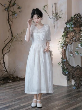 Весенне-осенние женские французские винтажные кружевные украшения Fairycore, Тонкая талия, Удобные белые платья Макси