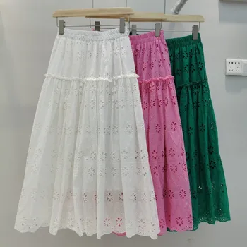 Весенняя вязаная крючком кружевная длинная хлопчатобумажная юбка трапециевидной формы, милая плиссированная юбка длиной до икр с цветочным рисунком