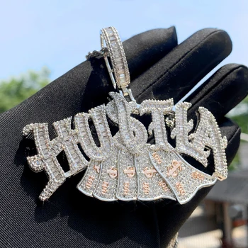 Двухцветный кулон Hustla Iced Out Ожерелье для мужчин в оправе с зубцами, 5A Кубический цирконий, Медные украшения в стиле хип-хоп
