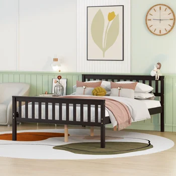 Деревянная кровать-платформа большого размера с изголовьем для эспрессо, цвет сосна эспрессо [на складе в США]