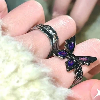 Дизайн с темно-черными кольцами-бабочками, инкрустированными цирконом в стиле панк-ретро, Модное женское кольцо на указательный палец для женских украшений