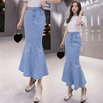 Женская длинная джинсовая юбка-русалка TingYiLi, Корейская сексуальная облегающая юбка-клеш Макси, Синие джинсы, юбка-труба