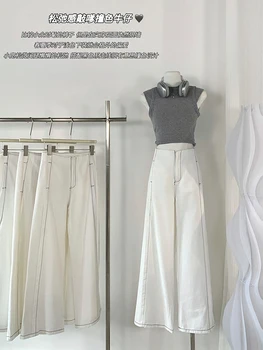 Женская Корейская мода Мешковатые Белые Джинсы Джинсовые Широкие Брюки Дизайн Новых Длинных Брюк 2000-х Эстетические Свободные Y2k Уличная Одежда Tide