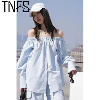 Женская рубашка yuerwang 2023, Весенняя мода, Длинный рукав, вырез лодочкой, Однобортная Длинная синяя блузка, Универсальная