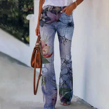 Женские джинсы-стрейч с цветочным принтом, Высокая талия, модные женские весенне-осенние Тонкие расклешенные брюки, женские универсальные брюки размера плюс 5XL