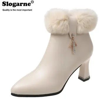 Женские модные ботинки, Корейские женские ботильоны, Мягкая кожа с плюшем, женские короткие туфли на высоком каблуке 7,5 см, Новая зимняя обувь