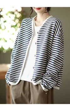 Женский вязаный кардиган в полоску MORI GIRL, Япония, Весенний однобортный женский вязаный свитер с V-образным вырезом, размер оверсайз M-3XL