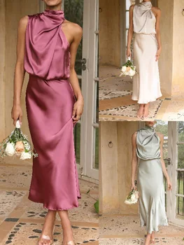 Женское длинное платье 2023, модные однотонные летние длинные платья без рукавов для женщин, элегантные женские вечерние тонкие платья