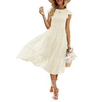 Женское летнее платье Миди с коротким рукавом Flutter, многоуровневые платья в швейцарский горошек.