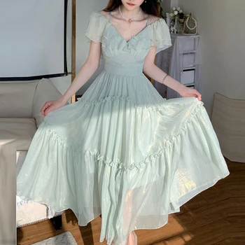 Зеленое шифоновое платье трапециевидной формы, весенне-летнее модное платье 2023, Элегантное платье в корейском стиле без рукавов, платье с квадратным воротником для женщин